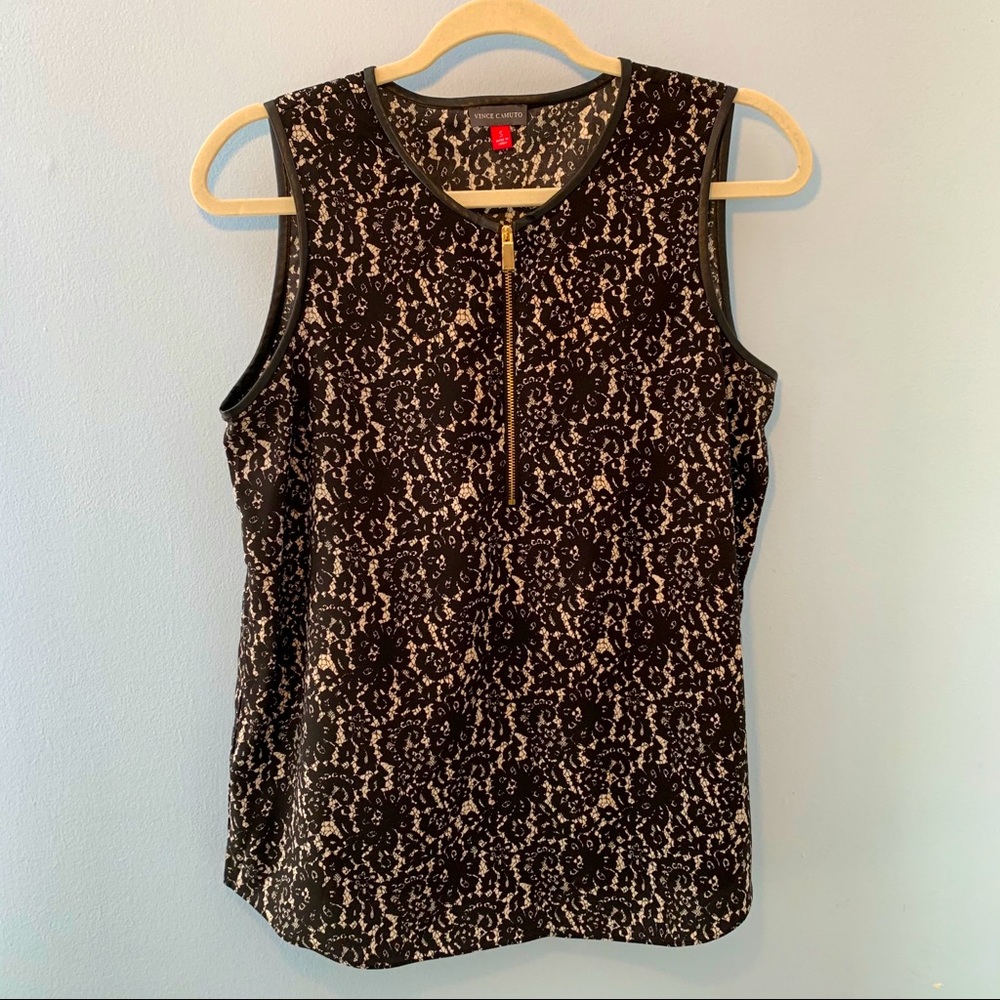 Vince Camuto tank black lace print, leather trim